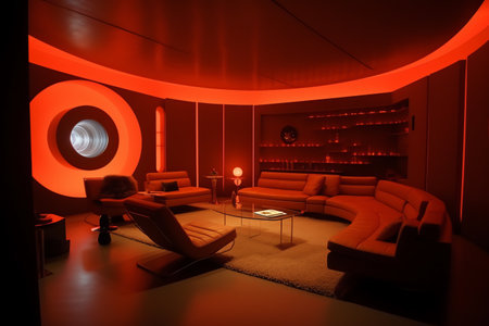 Interior of a modern living room with red lighting. 3D renderingの素材