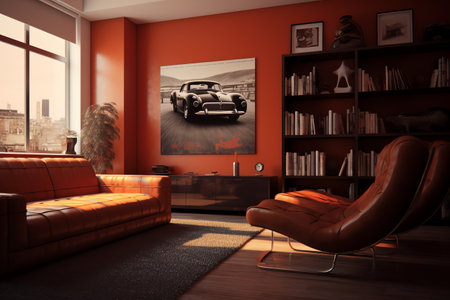 Modern interior of living room with red walls, orange sofa and armchairs. 3d renderの素材