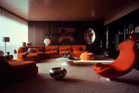 Interior of modern living room with orange armchairs and round tablesの素材