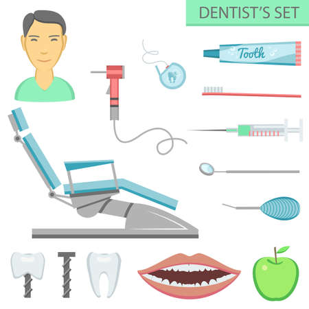 Flat color teeth care concept square composition of medical checkup dentist tools treatment and hygiene isolated vector illustrationのイラスト素材