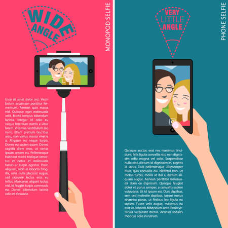 Couple making selfie with , selfie stick and using hands showing different angles and abilities of devicesのイラスト素材