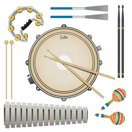 Set of percussion music instruments, drums, maracas, tambourine, drumsticks, metallophoneのイラスト素材