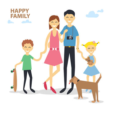 Happy cartoon family in modern style flatのイラスト素材