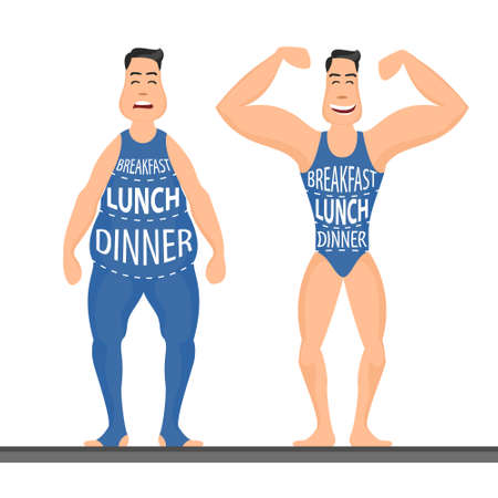 cartoon characters, different stages, fat problems, strong sport and fat people, fast food problem, vector illustrationのイラスト素材