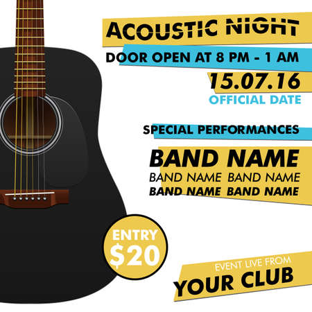 Acoustic night performance poster in your club Indie musician concert show poster with realistic acoustic guitar realistic guitarのイラスト素材