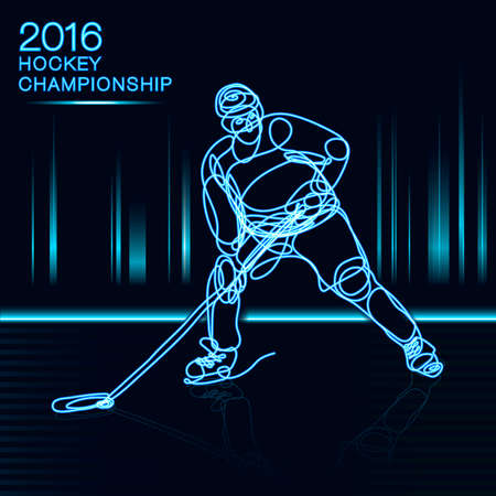 Ice Hockey 2016 Championship concept art one line Hockey player with neon effect hockey, ice hockey, player of hockey, light hockey, one line hockey, champion of hockey, hockey cupのイラスト素材