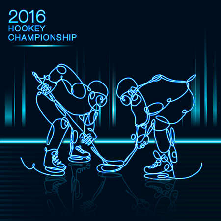 Ice Hockey 2016 Championship concept art one line Hockey players with neon effect hockey, ice hockey, player of hockey, light hockey, one line hockey, champion of hockey, hockey cupのイラスト素材