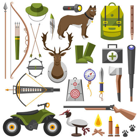 Hunting equipment kit hunting rifle, hunting knife, hunting hat, hunting suit, hunting shotgun, hunting boots, hunting decoy, hunting patronage, hunting matches, a hunting trap. Vector illustrationのイラスト素材