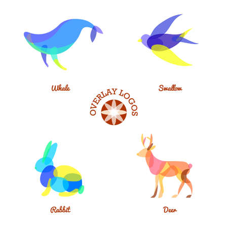 four different overlay animal logos isolated on white background, whale, deer, rabbit and swallow modern styleのイラスト素材