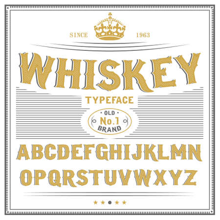 Whiskey label font and sample label design Vintage font. Whiskey font. Fine label font. Handcrafted font.のイラスト素材