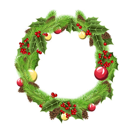 vector green christmas wreath, with ice. realistic wreath on grey background for your christmas designのイラスト素材