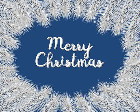 Merry christmas background with fir, christmas tree branches on blue , snowy branchesのイラスト素材