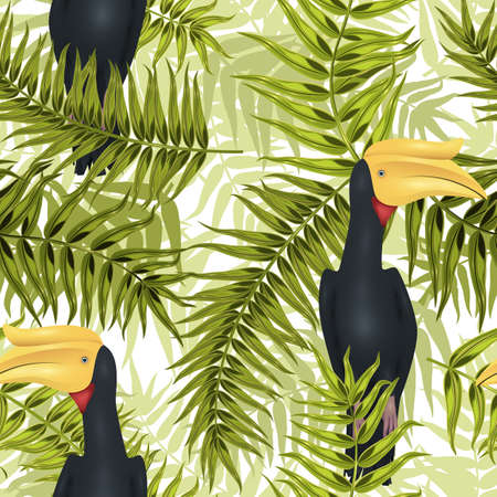 Seamless tropical pattern, exotic background with palm tree branches, leaves, leaf, palm leaves. endless texture with rhinoceroc rhinobill birdのイラスト素材