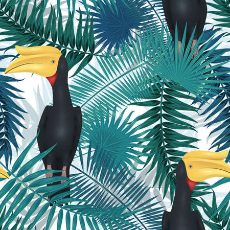 Seamless tropical pattern, exotic background with palm tree branches, leaves, leaf, palm leaves. endless texture with rhinoceroc rhinobill birdのイラスト素材