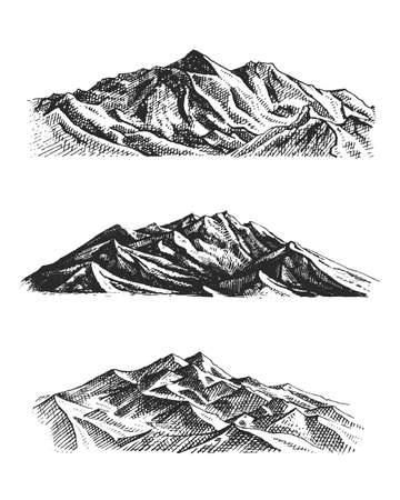 big set of mountains peaks, vintage, old looking hand drawn, sketch or engraved style, different versions for hiking, climbing.のイラスト素材