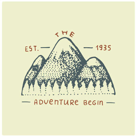 engraved vintage logo with mountains in hand drawn, sketch style, old looking retro badge for national parks and camping, alpine and hiking themeのイラスト素材
