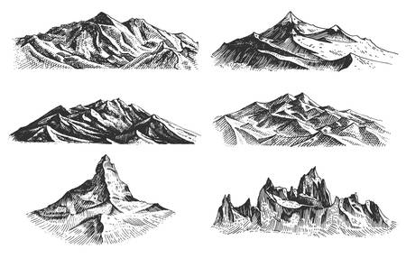 big set of mountains peaks, vintage, old looking hand drawn, sketch or engraved style, different versions for hiking, climbing.のイラスト素材