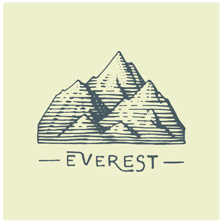 engraved vintage logo with mountains in hand drawn, sketch style, old looking retro badge for national parks and camping, alpine and hiking themeのイラスト素材