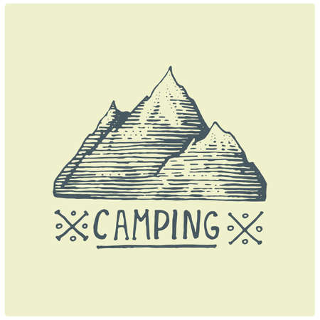 engraved vintage logo with mountains in hand drawn, sketch style, old looking retro badge for national parks and camping, alpine and hiking themeのイラスト素材