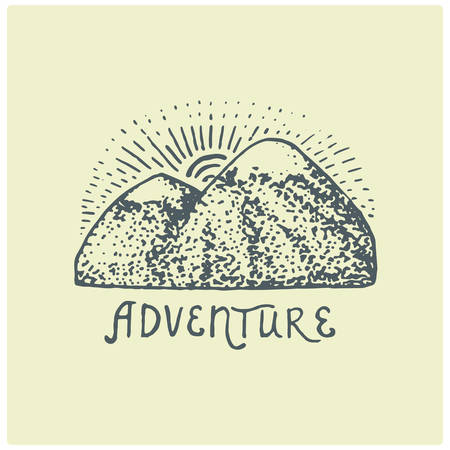 engraved vintage  with mountains in hand drawn, sketch style, old looking retro badge for national parks and camping, alpine and hiking themeのイラスト素材