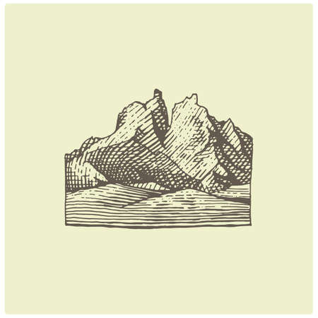 engraved vintage  with mountains in hand drawn, sketch style, old looking retro badge for national parks and camping, alpine and hiking themeのイラスト素材