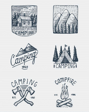 Set of engraved vintage, hand drawn, old, labels or badges for camping.のイラスト素材