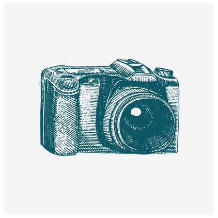 Photo camera vintage, engraved hand drawn in sketch or wood cut style, old looking retro lens, isolated vector realistic illustrationのイラスト素材
