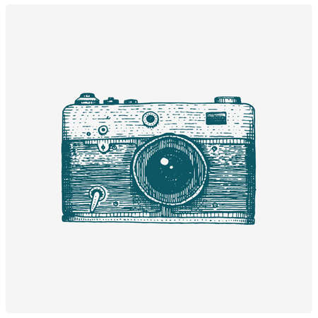 Hand drawn in sketch or wood cut style, old looking retro lens, isolated vector realistic illustration.のイラスト素材