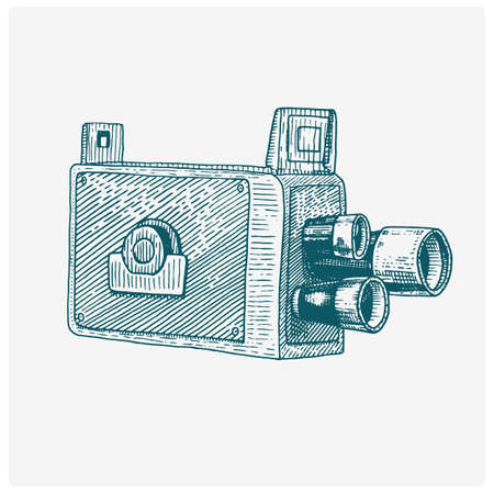 Photo movie film camera vintage, engraved hand drawn in sketch or wood cut style, old looking retro lens, isolated vector realistic illustration.のイラスト素材