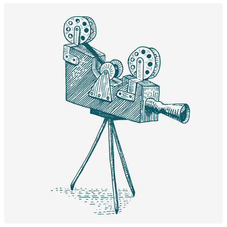 A Photo movie or film camera vintage, engraved, hand drawn in sketch or wood cut style, old looking retro lens, isolated vector realistic illustration.のイラスト素材