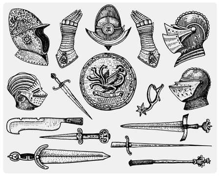 big set medieval symbols, Helmet and gloves, shield with dragon and sword, knife and mace, spur vintage, engraved hand drawn in sketch or wood cut style, old looking retroの写真素材