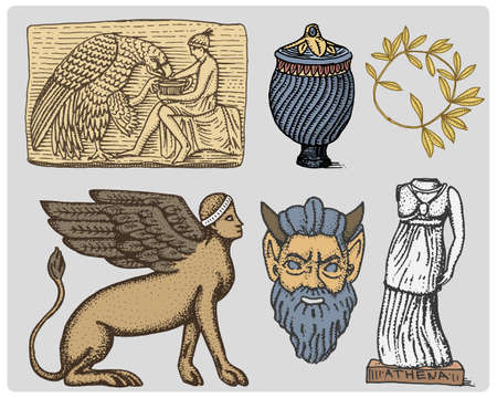 ancient Greece, antique symbols Ganymede and eagle anphora, vase, athena statue and satyr mask vintage, engraved hand drawn in sketch or wood cut style, old looking retro, isolated .のイラスト素材