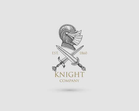 Helmet Logo, medieval knight antique vintage symbol , engraved hand drawn in sketch or wood cut style, old looking retroのイラスト素材