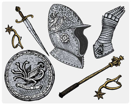 Medieval symbols, Helmet and gloves, shield with dragon and sword, knife and mace, spur vintage, engraved hand drawn in sketch or wood cut style, old looking retro.のイラスト素材