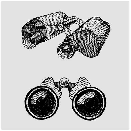Binocular monocular vintage, engraved hand drawn in sketch or wood cut style, old looking retro scinetific instrument for exploring and discovering.のイラスト素材