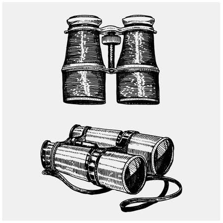 Binocular monocular vintage, engraved hand drawn in sketch or wood cut style, old looking retro scinetific instrument for exploring and discovering.のイラスト素材