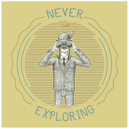 Man in costume looking through the binoculars, spyglass vintage old engraved illustration. Hunter, ornitologist, scientist in wood cut or sketch style. Never stop exploringのイラスト素材