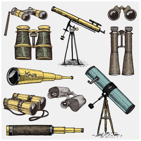 Set of astronomical instruments, telescopes oculars and binoculars, quadrant, sextant engraved in vintage hand drawn or wood cut style , old sketch glassesのイラスト素材