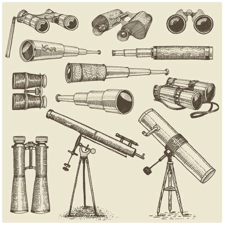 Set of astronomical instruments, telescopes oculars and binoculars, quadrant, sextant engraved in vintage hand drawn or wood cut style , old sketch glassesのイラスト素材