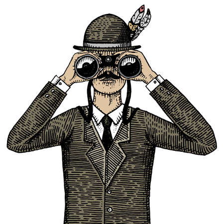 Man in costume looking through the binoculars, spyglass vintage old engraved or hand drawn illustration. Hunter, ornitologist, scientist in wood cut or sketch style.のイラスト素材