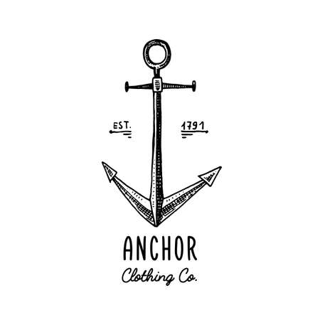 Anchor engraved vintage in old hand drawn or tattoo style, drawing for marine, aquatic or nautical theme, wood cut, blue logoのイラスト素材