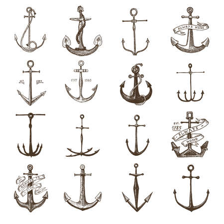 Anchor engraved vintage in old hand drawn or tattoo style, drawing for marine, aquatic or nautical theme, wood cut, blue logoのイラスト素材
