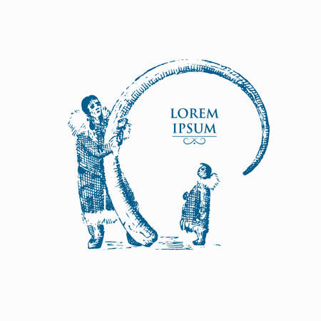 Eskimo with mammoth horn, bones of prehistoric elephant , north concept illustration of native Alaska human, hand drawn or engraved vintageのイラスト素材