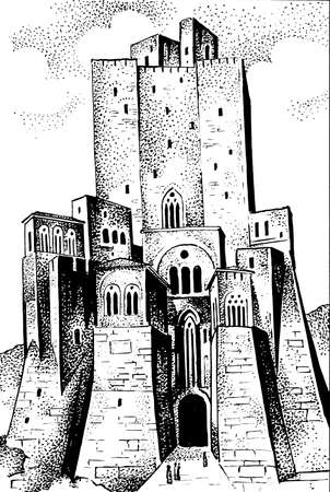 medieval hand drawn city with castle and wall european or italian town vintage illustration, inkの写真素材