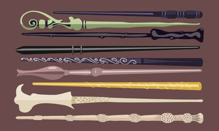 Set of 9 different magic wands for witches and wizards. vintage magic sticks for witchcraft schools and fantasy gamesのイラスト素材