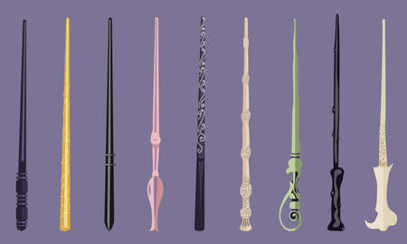 Set of 9 different magic wands for witches and wizards. vintage magic sticks for witchcraft schools and fantasy gamesのイラスト素材