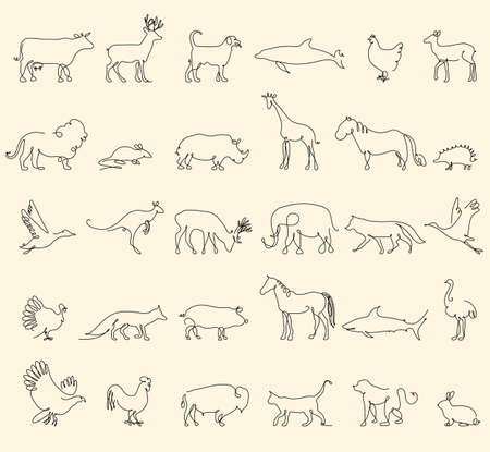 One line animals set, logos. vector stock illustration. Turkey and cow, pig and eagle, giraffe and horse, dog and cat, fox and wolf, dolphin and shark, deer and elephant, stork and chicken.のイラスト素材