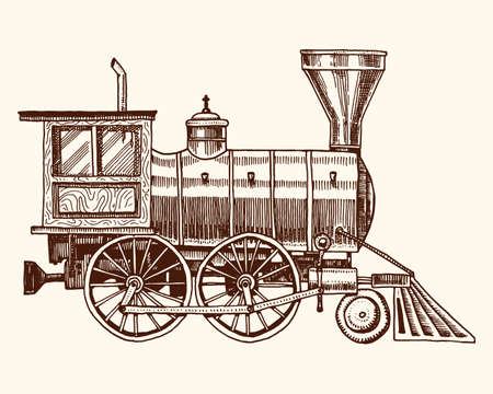 engraved vintage, hand drawn, old locomotive or train with steam on american railway. retro transportのイラスト素材