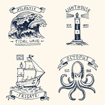 set of engraved vintage, hand drawn, old, labels or badges for atlantic tidal wave, lighthouse and octopus or sea creature, frigate or ship. Marine and nautical or sea, ocean emblemsのイラスト素材