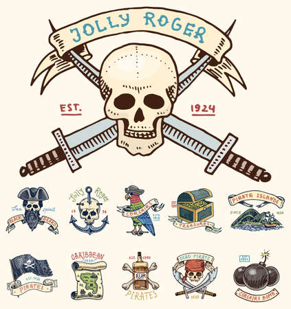 set of engraved, hand drawn, old, labels or badges for corsairs, skull at anchor, treasures, flag , Caribbean parrot. Jolly roger. Pirates marine and nautical or sea, ocean emblem.のイラスト素材